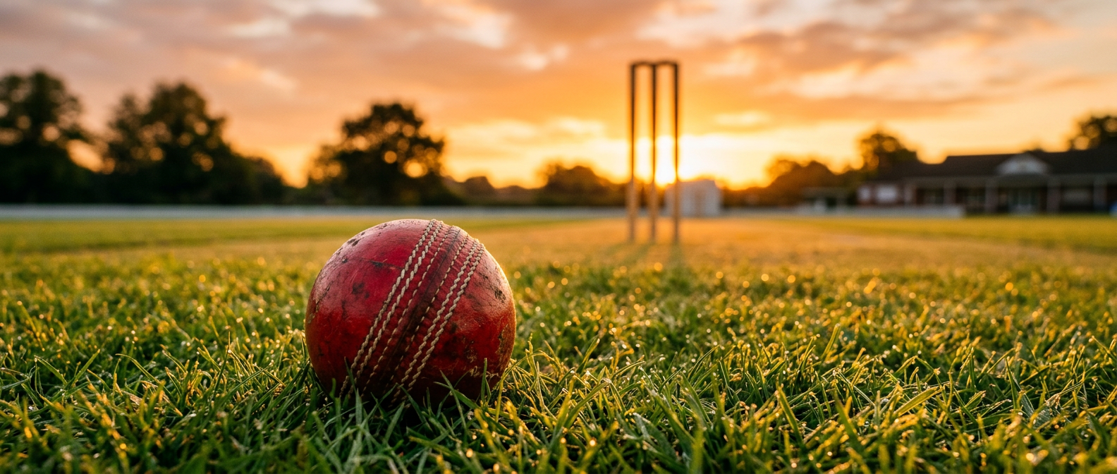 Cricket ball and stumps on pitch at sunset