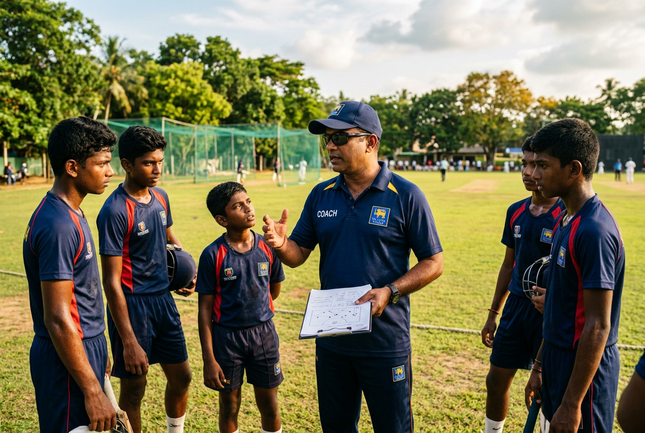 Cricket coach explaining tactics to youth players with clipboard